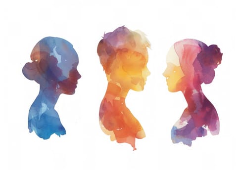 Three women's faces in watercolor with blue and pink background for beauty and fashion illustrations and designs