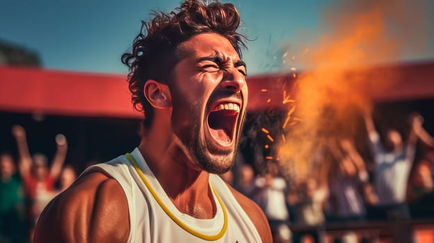 Athlete playing tennis. Young sportive man, professional tennis player in motion, action isolated over dark background in neon light. Concept of professional sport, competition, skills. Playing sports, healthy lifestyle, physical activity, training