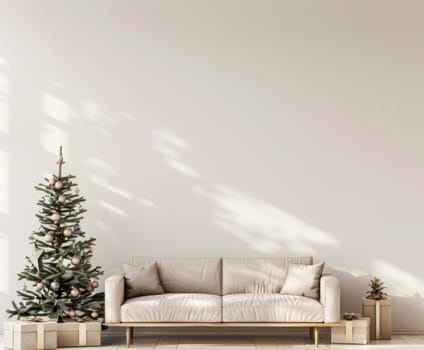 Cozy white living room decorated with christmas tree for holiday season, 3d rendering