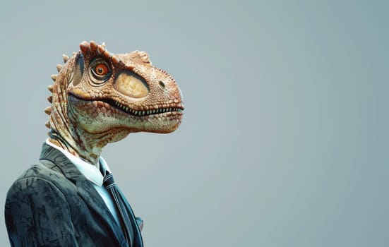 Dapper tyrannosaurus rex in business attire against gray background unique fashion in prehistoric times
