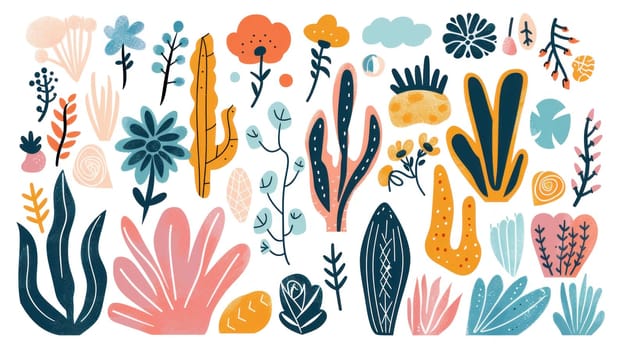Hand drawn cactus and succulents in various colors and shapes on a white background for art and home decor
