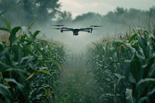 Drone flying over corn field on foggy day aerial view of agricultural landscape in rural area