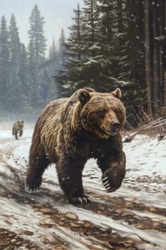 Running grizzly bear in the snowy woods wildlife scene of nature and adventure in the wilderness