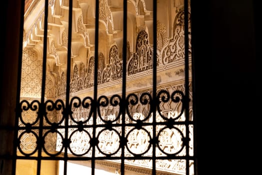 Silhouette of Geometric Patterns Behind Iron Grille, Artistic View, Morocco