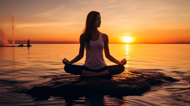 Woman girl happy smiling white Caucasian doing sports and yoga ocean shore against the backdrop of the sun, uniting with nature. Healthy spirit, healthy lifestyle, proper nutrition, mental health, sports and training, loss of excess weight, muscles.