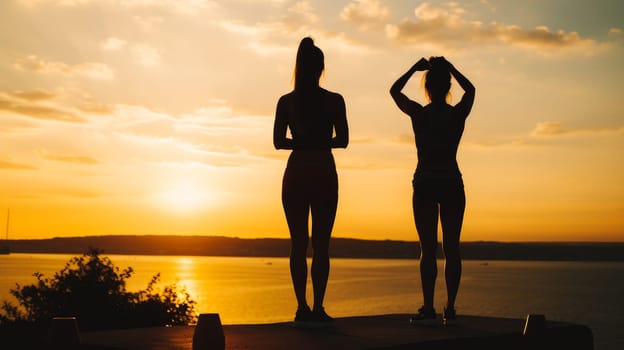 Woman girl happy smiling white Caucasian doing sports and yoga ocean shore against the backdrop of the sun, uniting with nature. Healthy spirit, healthy lifestyle, proper nutrition, mental health, sports and training, loss of excess weight, muscles.