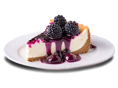 Cheesecake creamy cheesecake with graham cracker crust topped with mixed berry compote against soft pink. Food isolated on transparent background.