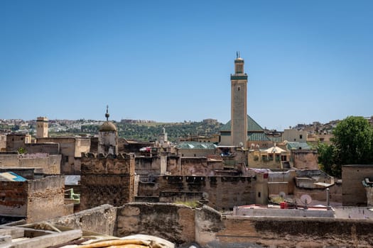 Green Tiled Tower in Fez Medina, Iconic Architectural Detail, Morocco