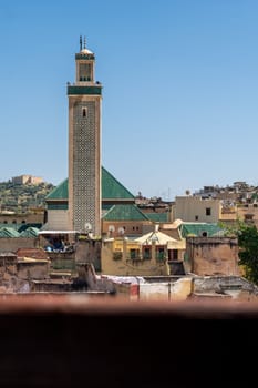 Green Tiled Tower in Fez Medina, Iconic Architectural Detail, Morocco