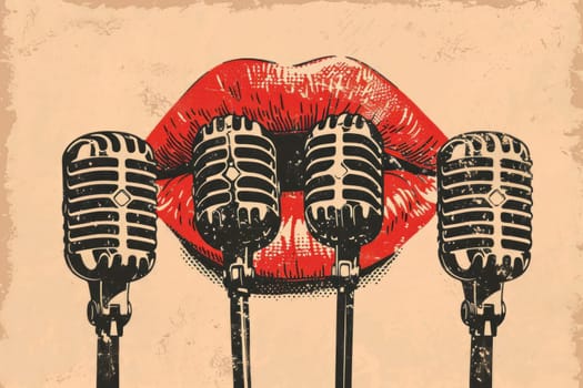 Vintage microphones with red lips and heart on grunge background for music and fashionthemed concepts
