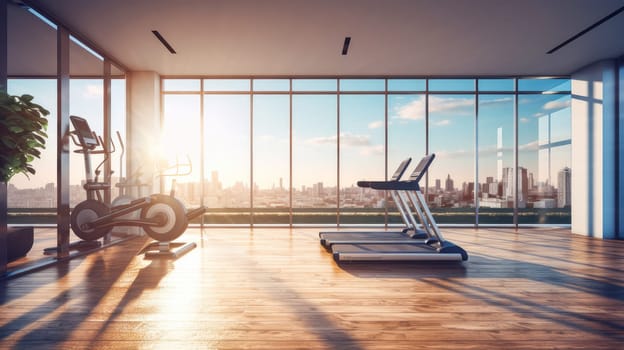 Bright modern gym with sports equipment and exercise equipment with large windows. Healthy spirit, healthy lifestyle, proper nutrition, mental health, sports and training, loss of excess weight, muscles.