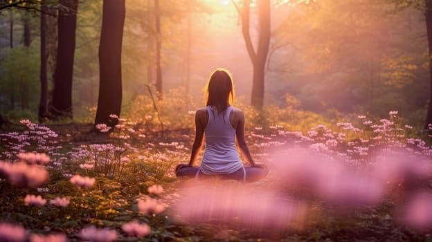 Woman girl happy smiling white Caucasian doing sports and yoga outdoors in the forest, uniting with nature. Healthy spirit, healthy lifestyle, proper nutrition, mental health, sports and training, loss of excess weight, muscles.