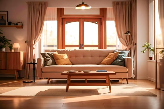 Warm and cozy living room interior with peach sofa, pouf, beige rug, lamp, decoration, plant and coffee table. Cozy home decor