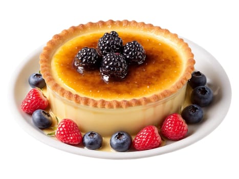 Crème Brûlée rich creamy vanilla custard with crisp caramelized sugar topping garnished with fresh berries. Food isolated on transparent background