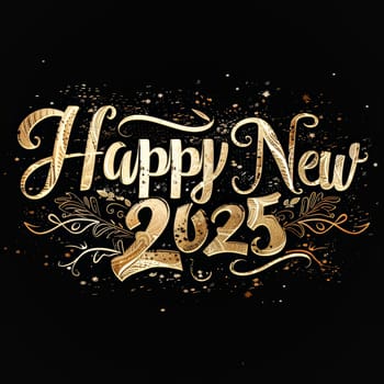 A black and gold poster with the words Happy New Year written in gold letters. The poster is decorated with gold glitter and has a festive and celebratory mood