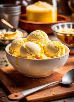 different ice creams in a plate. Selective focus. food.