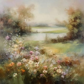 Oil style fine art painting of the English countryside, depicting romantic floral meadow, flowers field in soft pastel colours, evoking a sense of tranquility and natural beauty, printable art design