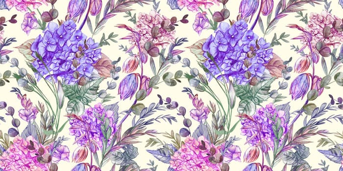 Seamless watercolor pattern drawn in pencil with hydrangeas and summer plants