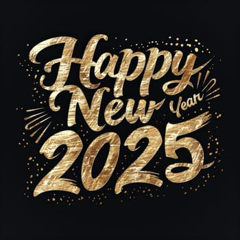 A black and gold poster with the words Happy New Year written in gold letters. The poster is decorated with gold glitter and has a festive and celebratory mood