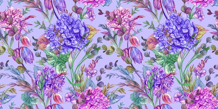 Seamless watercolor pattern drawn in pencil with hydrangeas and summer plants