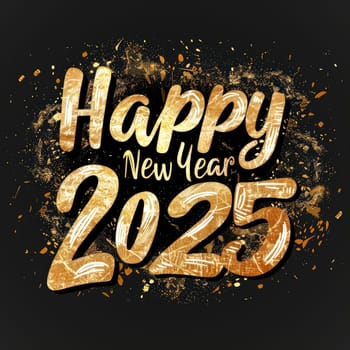 A gold and black poster with the words Happy New Year 2025 written in gold