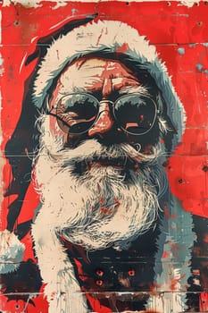 A painting of Santa Claus with a red hat and beard. The painting is a mix of blue and red colors