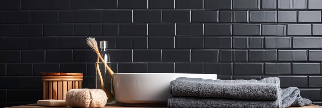 A bathroom with a black tile wall and a white sink. A bottle of shampoo sits on a wooden shelf next to a bottle of conditioner