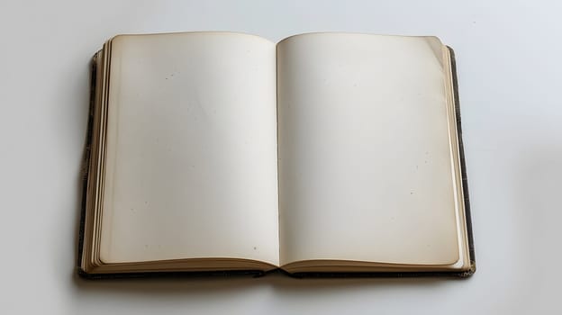 An open book made of wood with empty pages sits on a white surface. The rectangle and cylinder shapes contrast against the ceramic and porcelain dishware on display