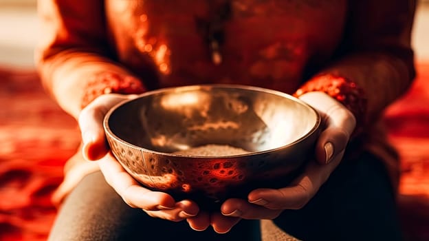 A woman is holding a gold bowl in her hands. The bowl is large and has a shiny, reflective surface. The woman is in a relaxed and peaceful state, possibly meditating or enjoying a moment of solitude