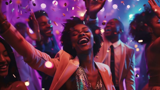 Portrait of joyful cheerful happy laughing african woman having fun celebrating with her friends having a party