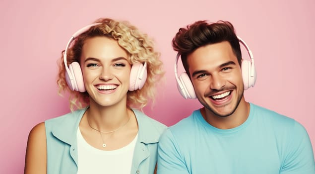 Happy modern young couple having fun together, woman and man listening to music with headphones on vivid pink background