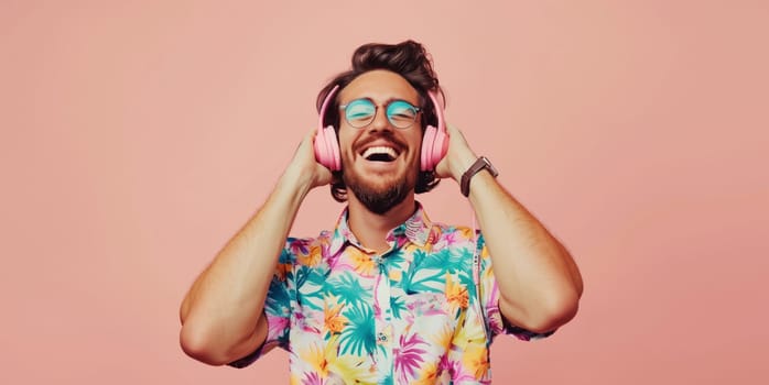 Portrait of happy modern young man listening to music with headphones on colorful studio background