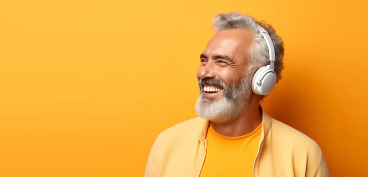 Portrait of happy laughing gray-haired mature man listening to music with headphones on yellow studio background, blank copy space