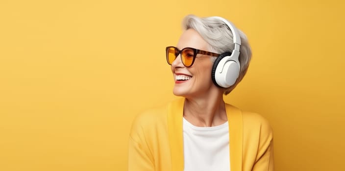 Portrait of happy laughing modern mature woman listening to music with headphones on yellow studio background, blank copy space