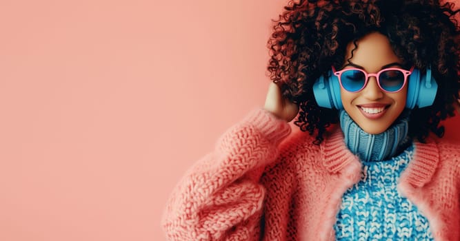 Portrait of happy modern african young woman with curly hair listening to music with headphones on colorful background