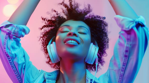 Portrait of happy modern african young woman listening to music with headphones on vivid neon colors background