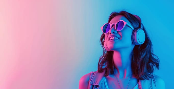 Portrait of stylish modern young woman listening to music with headphones on vivid neon colors background