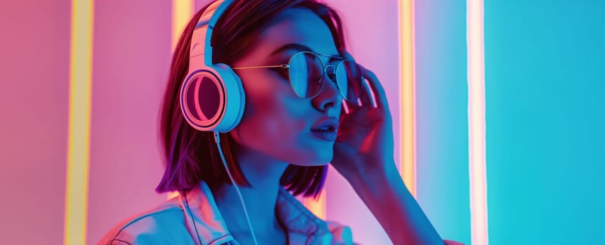 Portrait of stylish modern young woman listening to music with headphones on vivid neon colors background