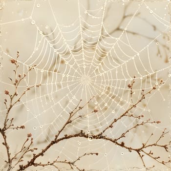 An intricate spider web adorned with tints and shades hangs delicately from a tree branch, creating a symmetrical pattern that is natures own embellishment on the wood and twigs