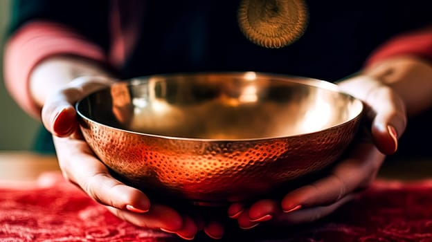 A woman is holding a gold bowl in her hands. The bowl is large and has a shiny, reflective surface. The woman is in a relaxed and peaceful state, possibly meditating or enjoying a moment of solitude