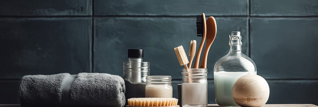 A bathroom counter with a towel, toothbrushes, and other toiletries. Scene is calm and organized