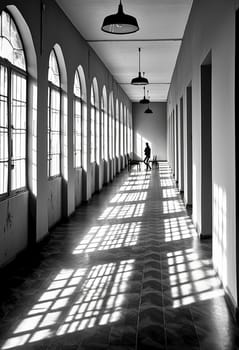 A long hallway with a person sitting on a bench in the middle. The hallway is lit by sunlight, creating a warm and inviting atmosphere