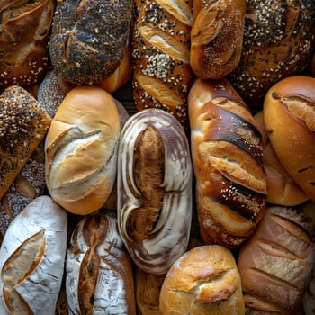 A variety of bread types including wheat, rye, and sourdough are stacked on top of each other, showcasing the diversity of ingredients and cuisines across cultures
