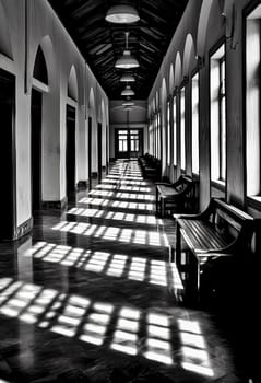 A long hallway with a few benches and lights. The light is shining on the floor and creating shadows