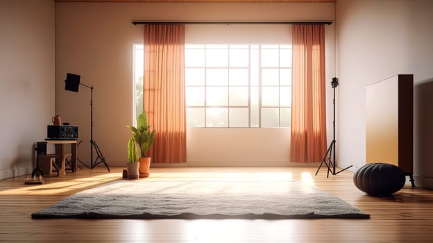 A room with a guitar, a microphone, and a camera. The room is bright and sunny, and there are two people in the room