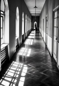 A long hallway with a person walking down it. The hallway is very long and has a lot of windows