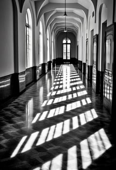 A lengthy corridor featuring a central bench illuminated by a beam of light, casting a serene ambiance in the otherwise dimly lit space.