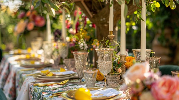 Table decor with fruits in citrus garden, holiday tablescape and dinner table setting, formal event decoration for wedding, family celebration, English country and home styling