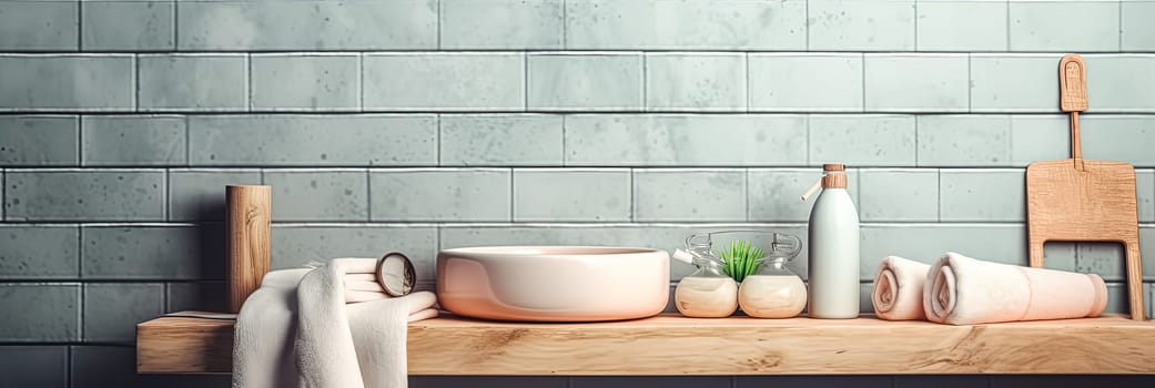 A bathroom shelf with a white bowl, a bottle of lotion, and a towel. The shelf is made of wood and has a tile wall behind it