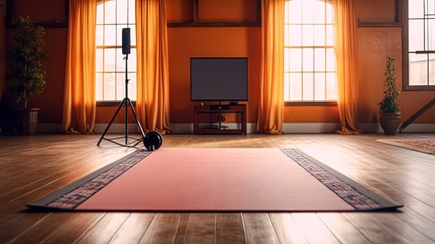 A room with a guitar, a microphone, and a camera. The room is bright and sunny, and there are two people in the room